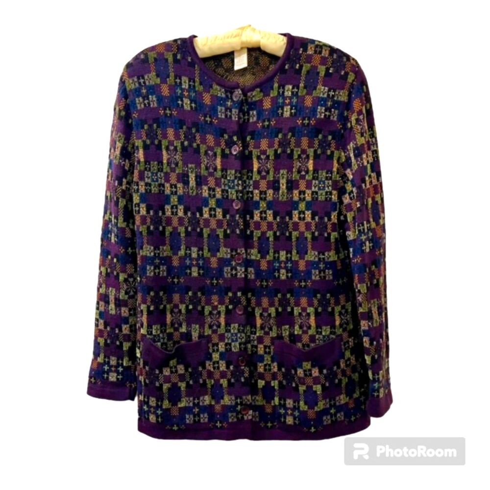 Vintage Rodier France Womens XL Purple Tapestry Wool Blend Cardigan Jacket